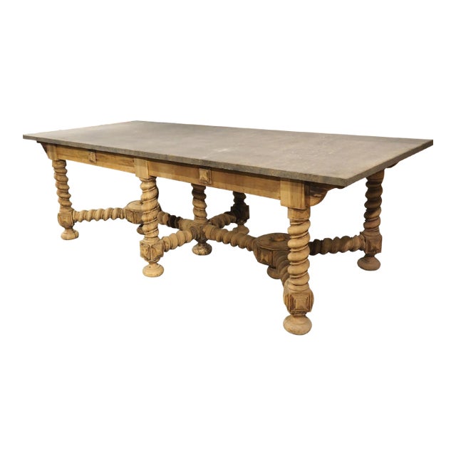 19th Century French Bleached Oak Table With Turned Legs and Bluestone Top For Sale