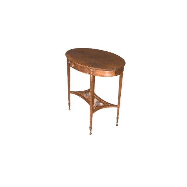 Early 20th Century Antique English Hepplewhite Carved Bellflower Mahogany Caned Oval Side Table For Sale - Image 9 of 12