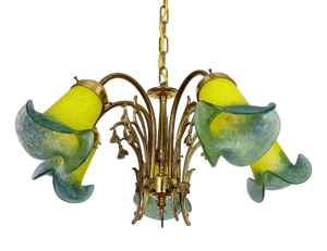 French Brass Pate De Verre Hanging Lamp, 1950s