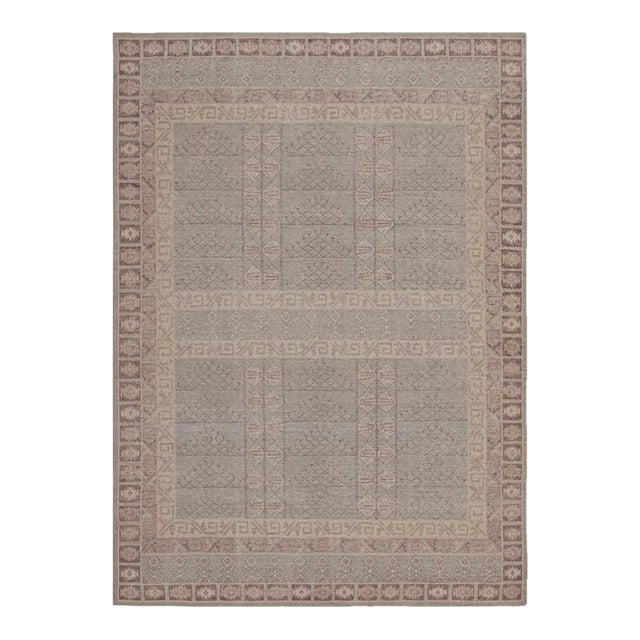 Rug & Kilim’s Tribal Style Rug With Mauve and Pastel Blue Geometric Patterns For Sale