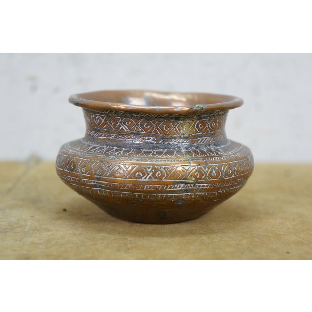 Copper Vintage Middle Eastern Persian Etched Copper Covered Vessel & Open Pot For Sale - Image 8 of 14