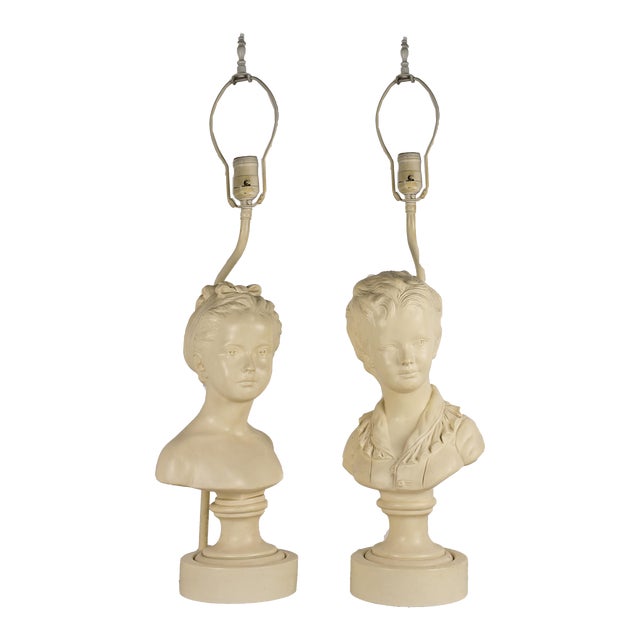 Vintage Cast Plaster Busts Louise & Alexandre Brongniart Lamps Reproductions - a Pair For Sale