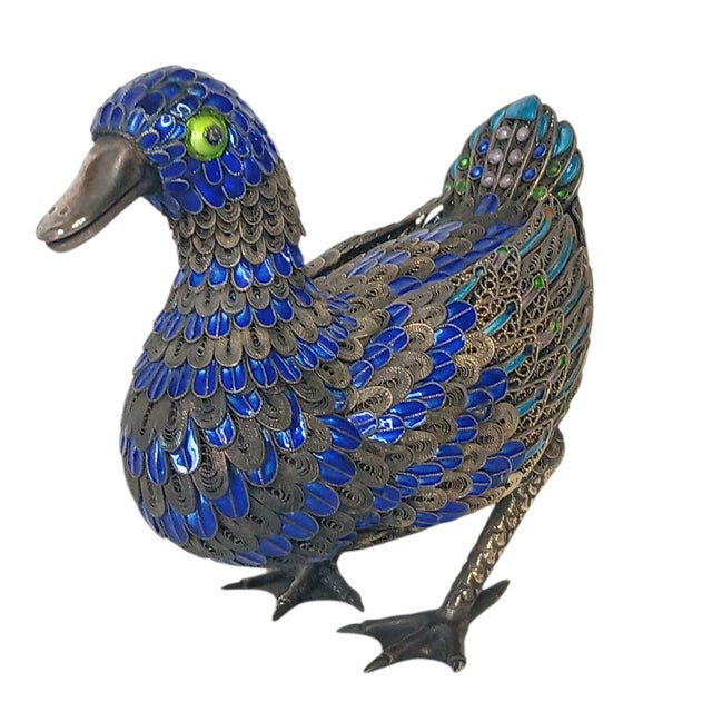 Vintage Filigree Enamel Duck Bird Figurine Sterling Silver Beak and Feet Blue & Gold With Green Eyes For Sale In Austin - Image 6 of 16