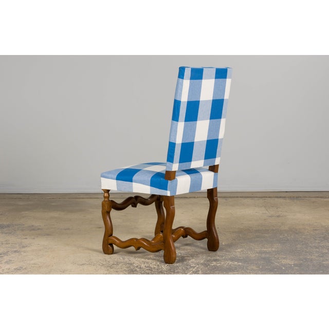 French Louis XIII Style Os De Mouton Walnut Dining Chairs W/ Tabourets in Blue Plaid - Set of 8 For Sale - Image 13 of 18