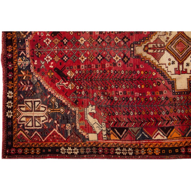 1960s Vintage Shiraz Handmade Medallion Red Wool Rug For Sale - Image 4 of 7