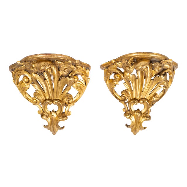 Antique 19th Century Louis Philippe Corner Shelves in Gilded and Carved Wood, Florence, Set of 2 For Sale