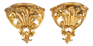 Antique 19th Century Louis Philippe Corner Shelves in Gilded and Carved Wood, Florence, Set of 2