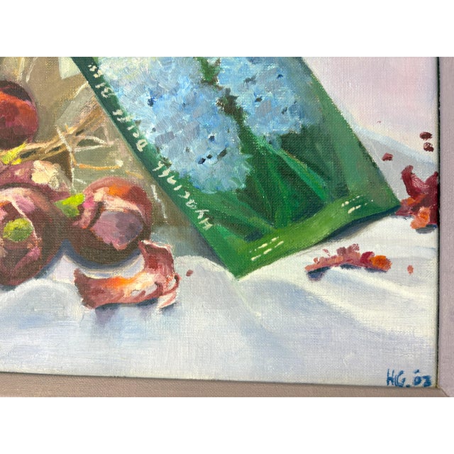 Wood Original Framed and Signed Painting on Canvas of 'Hyacinth Bulbs in a Basket' For Sale - Image 7 of 12
