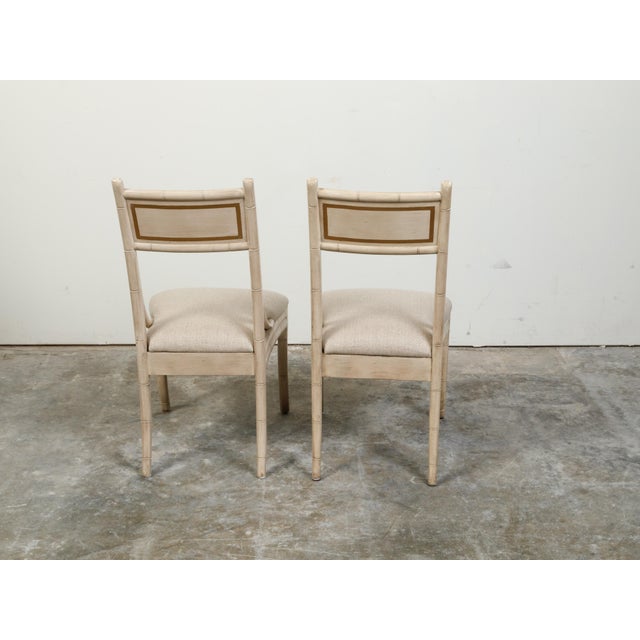 Textile Pair of Midcentury Faux Bamboo Side Chairs with Saber Legs and New Upholstery For Sale - Image 7 of 11