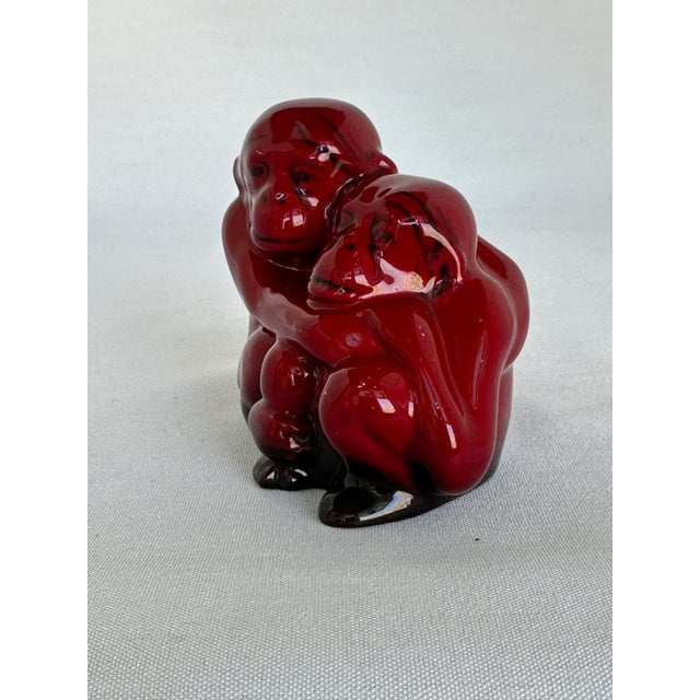 Early 20th Century Flambe Monkeys by Royal Doulton Deep Red Cuddling Mother and Baby Red Glazed Figurine, Signed Noke For Sale - Image 5 of 8