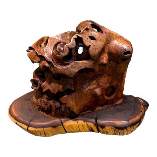 Vintage Burl Root Wood Abstract Sculpture Live Edge Base Organic Modern 17" For Sale