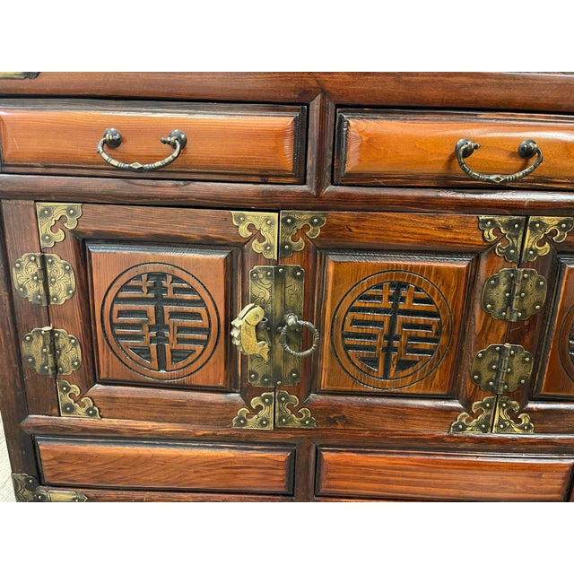 Vintage Chinese Export Solid Wood Low Credenza / Media Console With Double Happiness Fretwork For Sale - Image 9 of 11