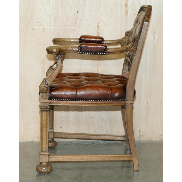 Antique William IV Chesterfield Oak & Brown Leather Desk Chair, 1830s For Sale - Image 17 of 18