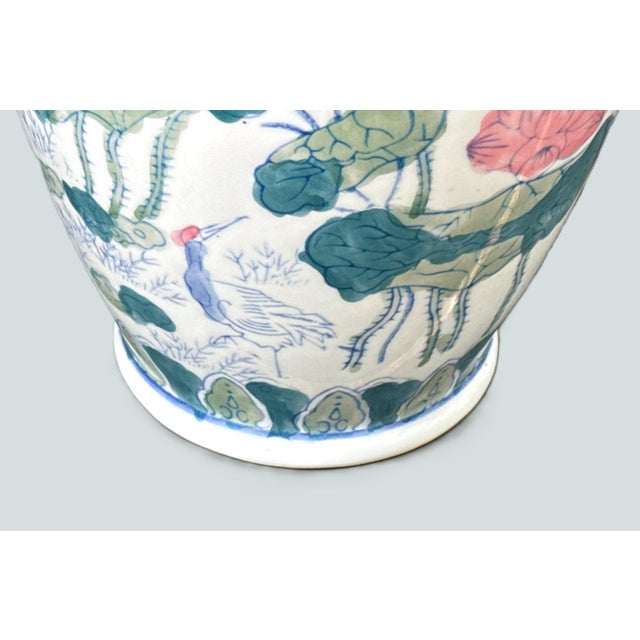 Hand-Painted Porcelain Vase With Lotus & Crane Motif For Sale In New York - Image 6 of 8