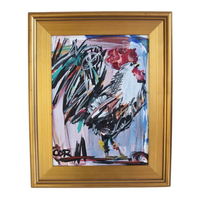 Wood Expressionism Chicken Rooster Portrait Oil Painting by Listed Artist “Corbellic” Displayed in an Antiqued Gold Wood Frame For Sale - Image 7 of 8