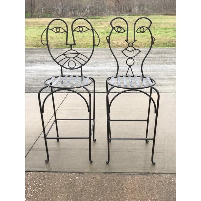 1970s John Risley Style Wrought Iron Bar Stools- A Pair For Sale - Image 5 of 9