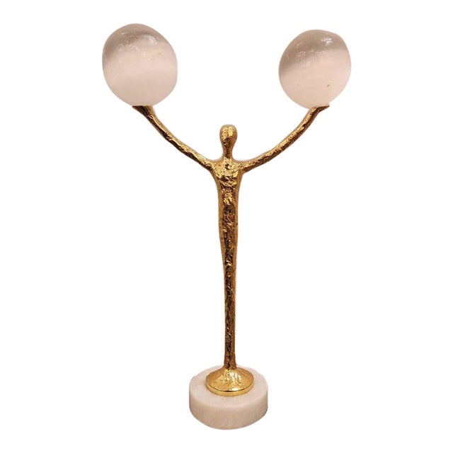 John Richard Brass Figure With Two Selenite Balls For Sale