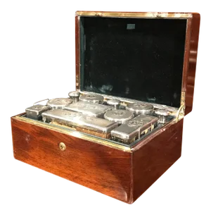 19th Century French Rosewood Travel Vanity Case with Glass Silver Bottles Dated