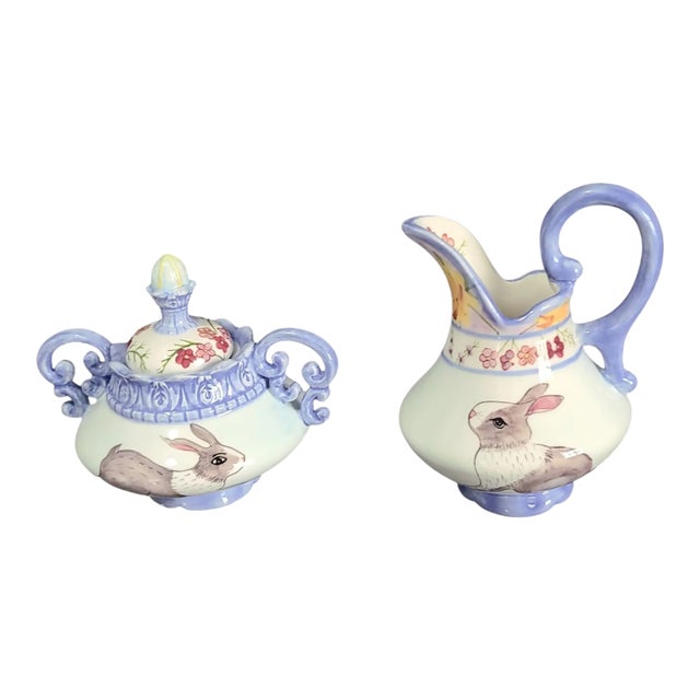 Late 20th Century Danna Cullen Zrike Meadow Bunny Rabbit Creamer & Sugar Bowl Set For Sale
