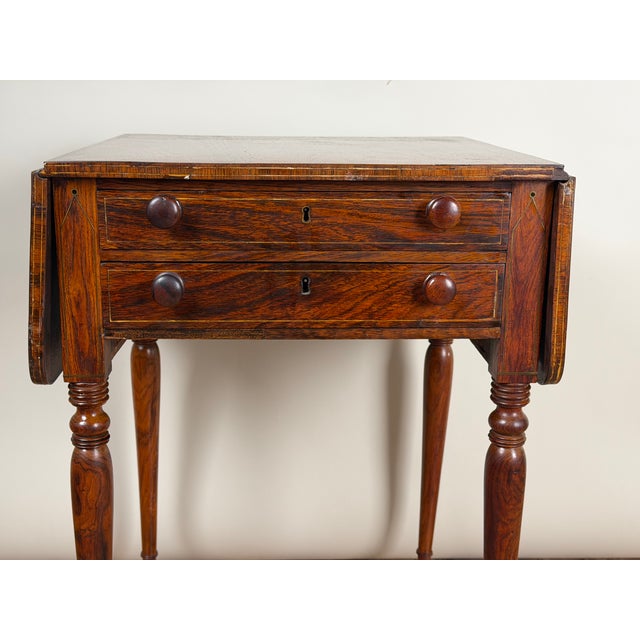 English Regency Rosewood Two-Drawer Drop-Leaf Work Table With Brass and Satinwood Inlay, Circa 1820–1840 For Sale In Boston - Image 6 of 11