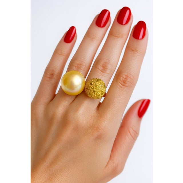 Bochic “Orient” Vintage South Sea Pearl & Sapphire Ring Set 18K Gold & Silver For Sale - Image 4 of 9