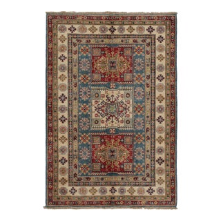 2010s Rug & Kilim’s Kazak Style Rug in Red, Blue and Beige-Brown Geometric Patterns For Sale