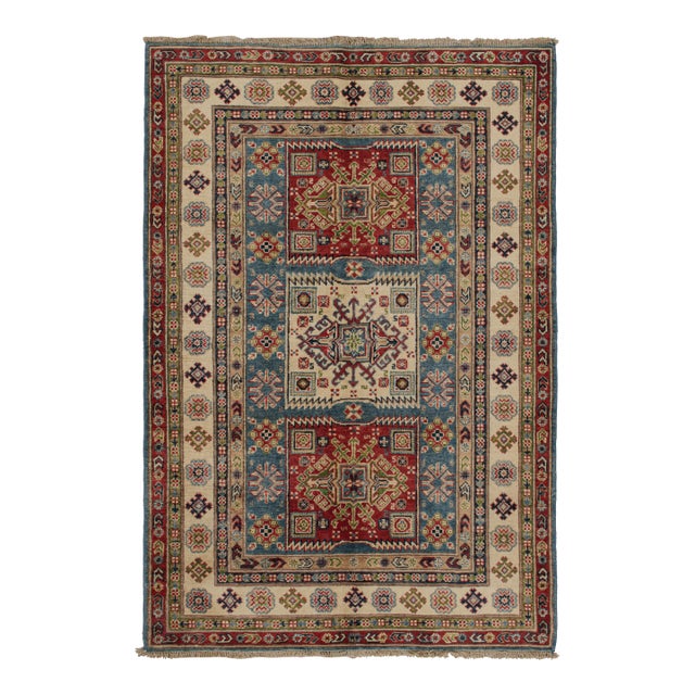 2010s Rug & Kilim’s Kazak Style Rug in Red, Blue and Beige-Brown Geometric Patterns For Sale