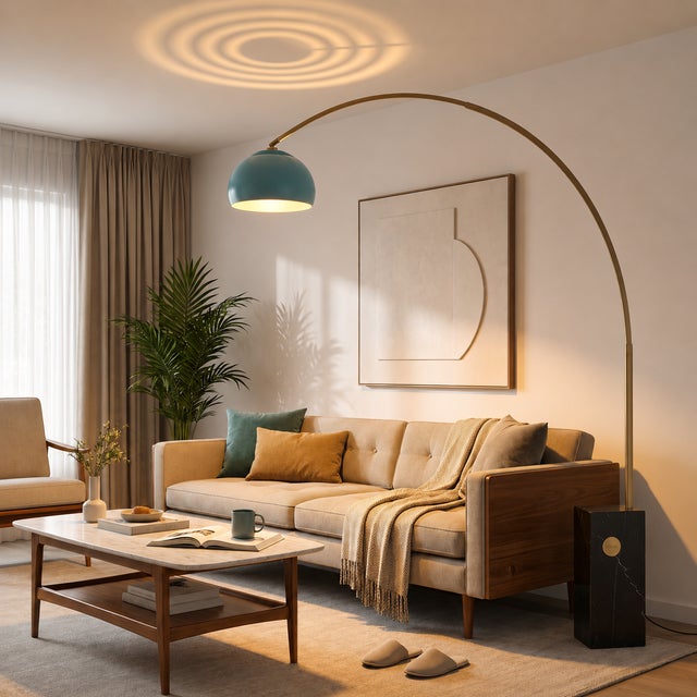 2020s Iconic 95" Arc Floor Lamp, Mid-Century Modern, Weathered Brass, Pool Blue Shade For Sale - Image 5 of 9