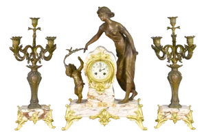 Large French Art Nouveau Mantel Clock and Trim, Set of 3