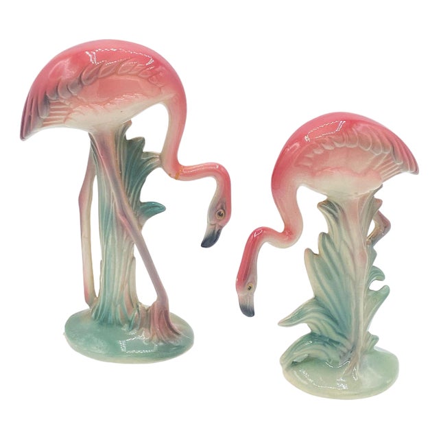 1950s Mid-Century Pink Drinking Flamingo Ceramic Tabletop Sculpture Set by Brad Keeler, 2 Pieces For Sale