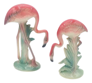1950s Mid-Century Pink Drinking Flamingo Ceramic Tabletop Sculpture Set by Brad Keeler, 2 Pieces