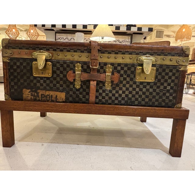 Antique Moynat Steamer Trunk on Custom Stand, Early 1900s French Checkered Canvas Travel Chest, Coffee Table For Sale - Image 4 of 7