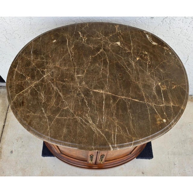 Italian Henredon Style Mahogany & Marble Drum Center Side Bedside Table For Sale - Image 3 of 13