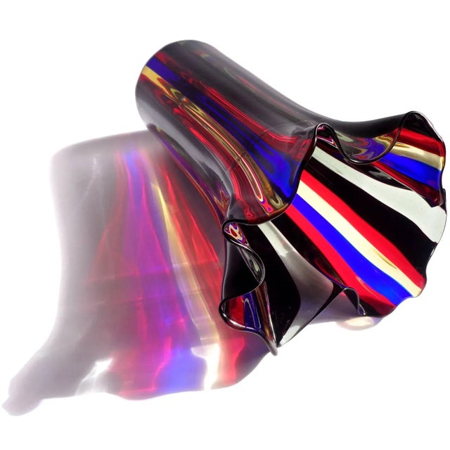 Vintage Murano Oggetti Label Red Blue Yellow Black Gray Bands Italian Art Glass Tall Fazzoletto Flower Vase For Sale In Orlando - Image 6 of 7