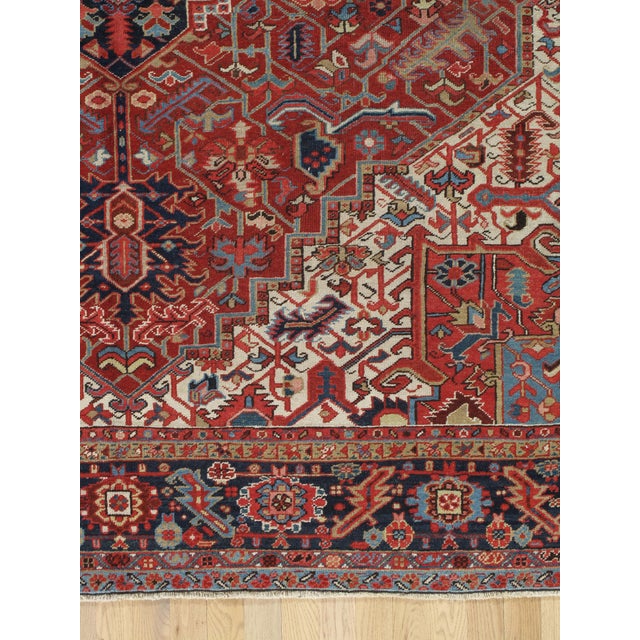 Antique Persian Heriz Carpet Handmade Wool Oriental Rug, Rusty/Red Field, Navy For Sale - Image 15 of 18