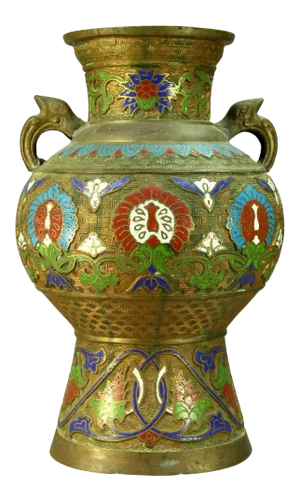 Large 12" Japanese Champleve Vase, Cast Bronze & Cloissone Enamel
