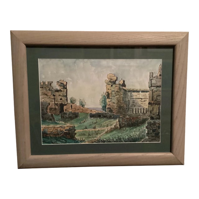 Original Watercolor, Castle Ruins in Fuengirola, Spain, Ancient Fortress Signed by Artist, Wooden Frame With Green matting For Sale