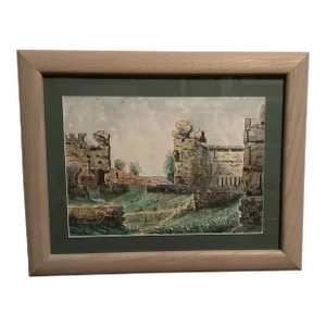 Original Watercolor, Castle Ruins in Fuengirola, Spain, Ancient Fortress Signed by Artist, Wooden Frame With Green matting