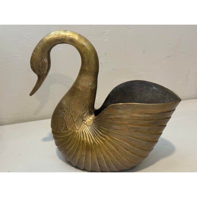Vintage Solid Brass Large Gold Swan Plant Pot Natural Patina Feathered For Sale - Image 4 of 11