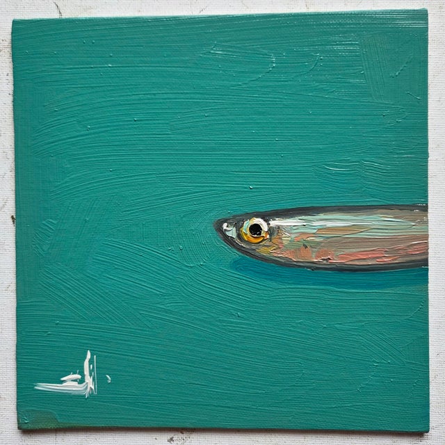 An impressionist oil painting of a anchovy fish head, by UK based artist Vivek Mandalia. Frame and hang in your home. 20 x...