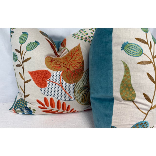 Transitional Bright Embroidered on Linen 22" Pillows-a Pair For Sale - Image 3 of 4