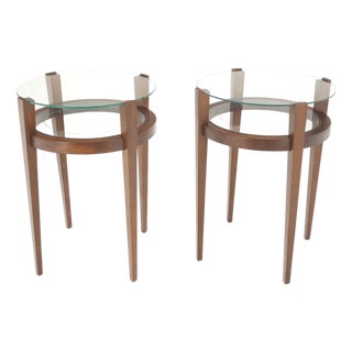 Pair Two Tier Glass Top Shelf Oiled Walnut Round End Side Occasional Table MINT For Sale