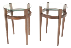 Pair Two Tier Glass Top Shelf Oiled Walnut Round End Side Occasional Table MINT