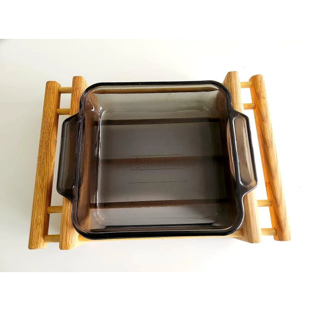 1970s 1970s Oak Wood Cradle Trivet and Black Tempered Glass Casserole Dish, 2 Piece Set For Sale - Image 5 of 10