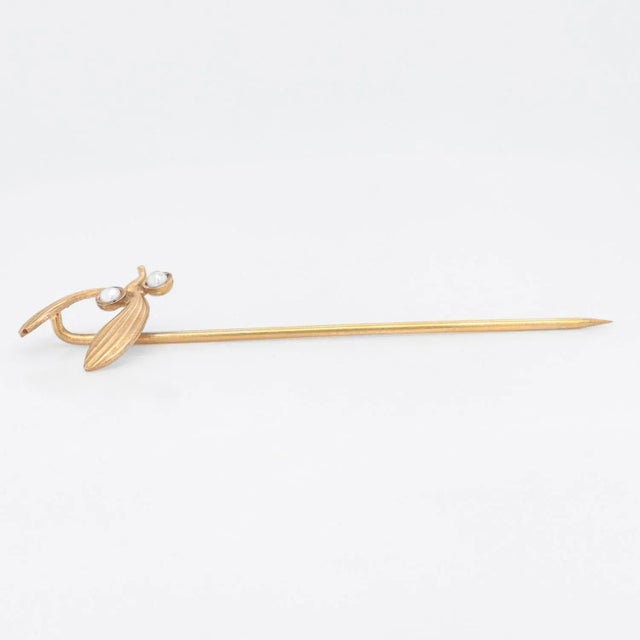 Gemstone Mid-Century 14k Gold & Seed Pearl Mistletoe Stickpin For Sale - Image 7 of 8