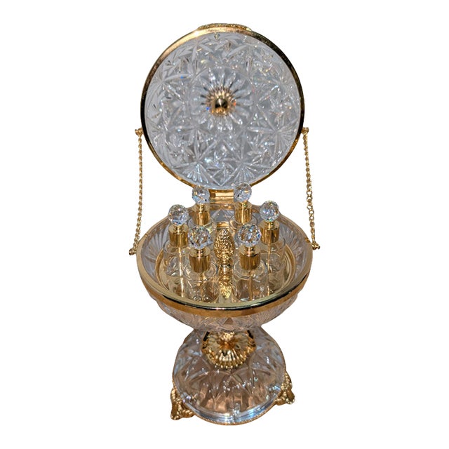 Vintage Cut Glass Perfume Tantalus 14.5" Gold Tone 6 Bottles Crystal Ball Stoppers For Sale