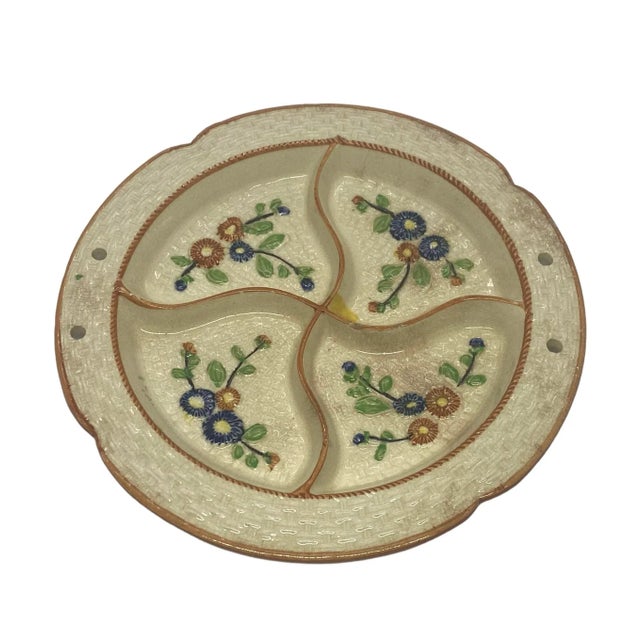 Vintage Divided Ceramic Hand Painted Dish Plate Majolica Style K Maker’s Mark Japan 1940’s For Sale - Image 11 of 12