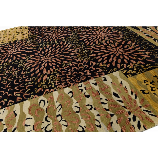 Modern Hand-Knotted Wool Area Rug – Abstract Botanical Floral Burst & Patchwork For Sale - Image 10 of 12
