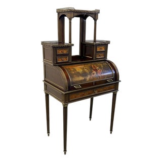 Antique 19th Century French Louis XVI Style Vernis Martin Cylinder "Bonheur Du Jour" Ladies Writing Desk For Sale
