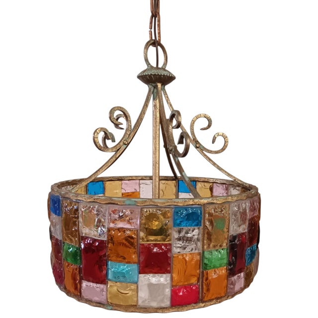 Mid-Century Modern Wrought Iron and Hammered Glass Pendant Light by Longobard, Italy, 1970s For Sale - Image 3 of 10